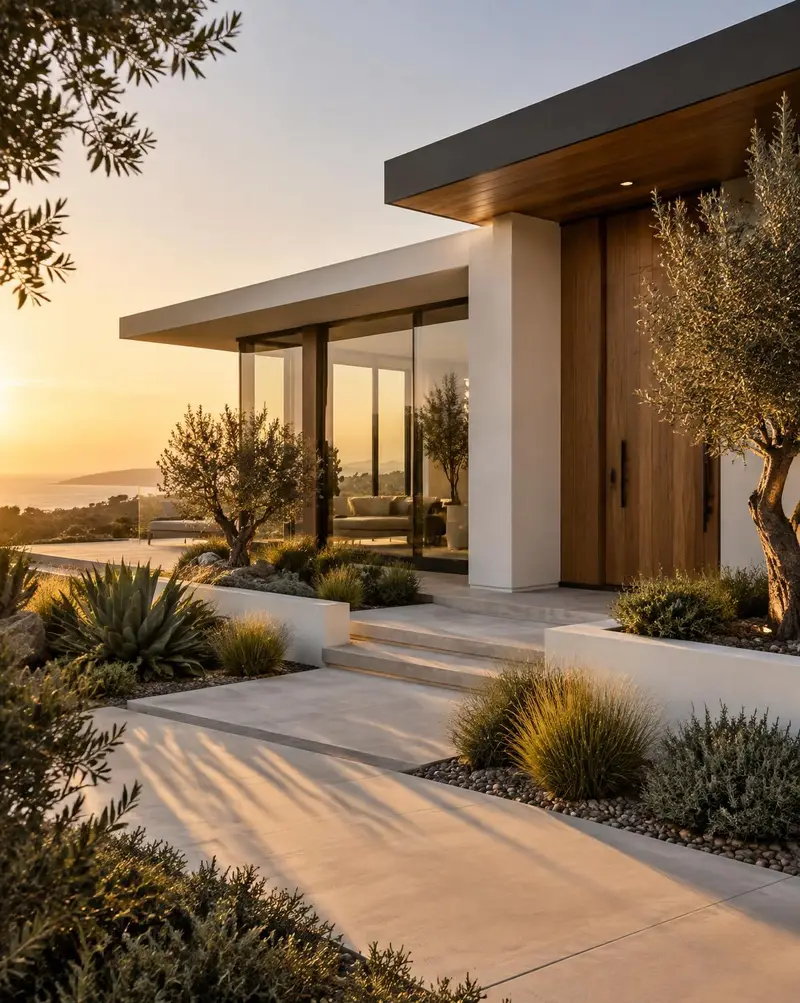 Contemporary single-story Southern California home with wood entry door, glass walls and drought-tolerant landscaping at sunset